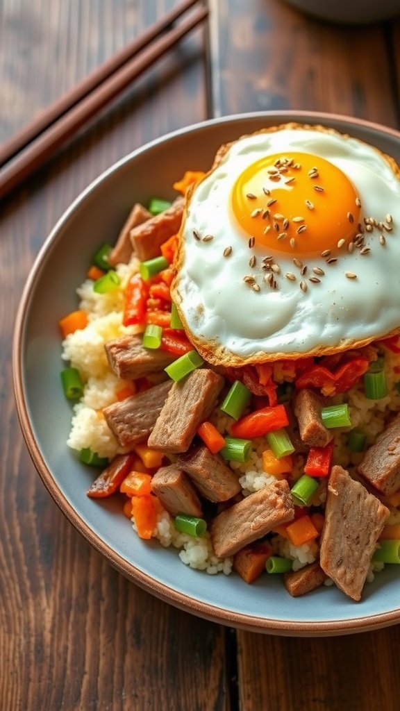 A plate of Pork and Kimchi Fried Rice topped with a fried egg and garnished with green onions and sesame seeds.
